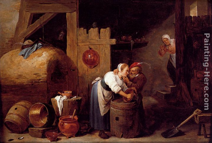 An Interior Scene With A Young Woman Scrubbing Pots While An Old Man Makes Advances painting - David the Younger Teniers An Interior Scene With A Young Woman Scrubbing Pots While An Old Man Makes Advances art painting